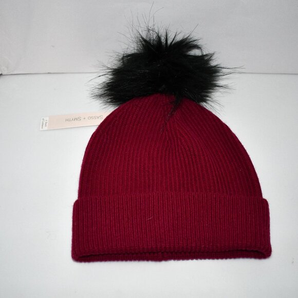 SASSO + SMYTH Ribbed Cuff Faux Fur Pom Beanie in Wine NWT - Picture 1 of 3